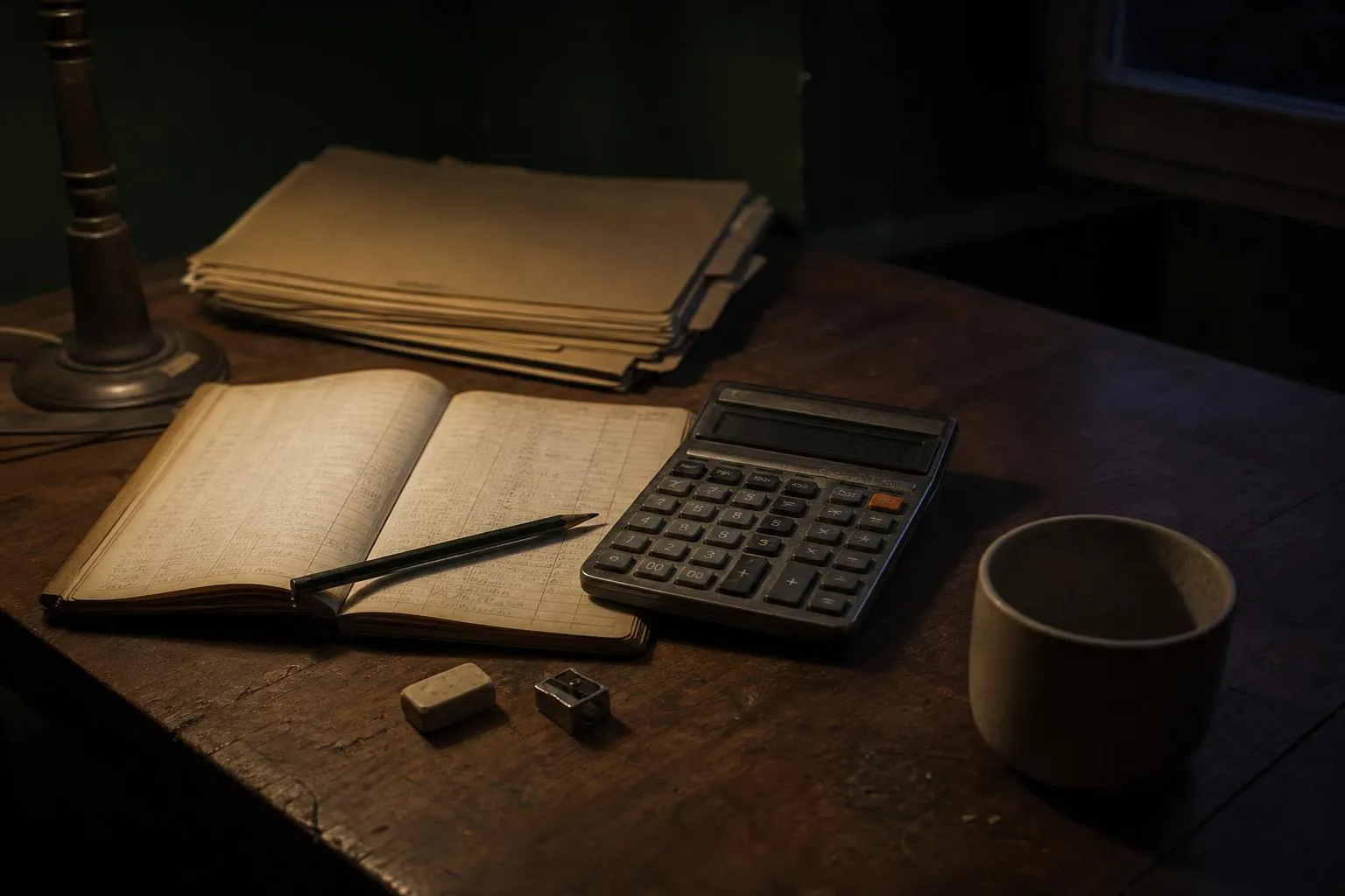 Carnet de relevés, calculatrice de bureau et chemises cartonnées empilées sur un bureau en fin de journée