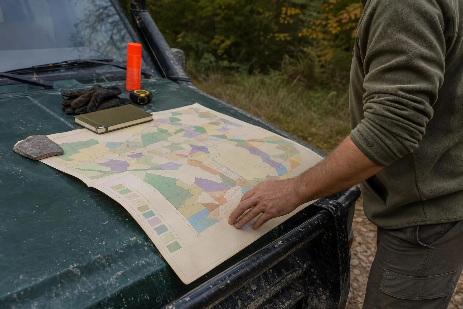Carte de peuplement grand format dépliée sur le capot d’un véhicule tout terrain en lisière de forêt