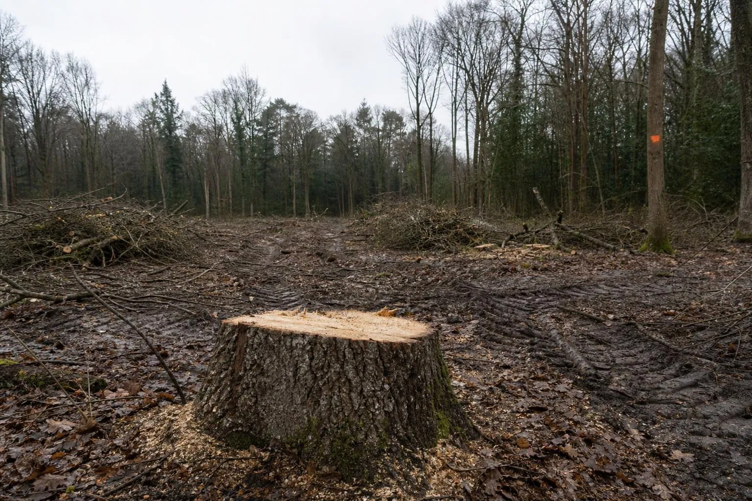 Souche fraîchement coupée et rémanents dans une trouée trop ouverte d’un peuplement de feuillus