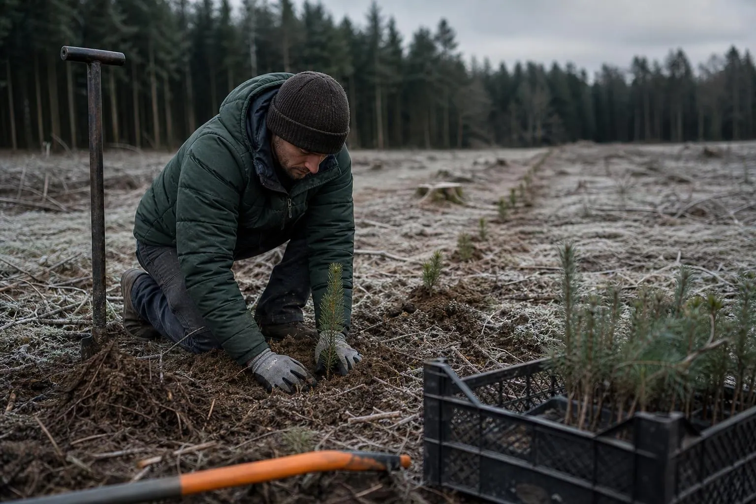 Ouvrier forestier plantant de jeunes plants en godets alignés dans une parcelle en reconstitution par temps de gel