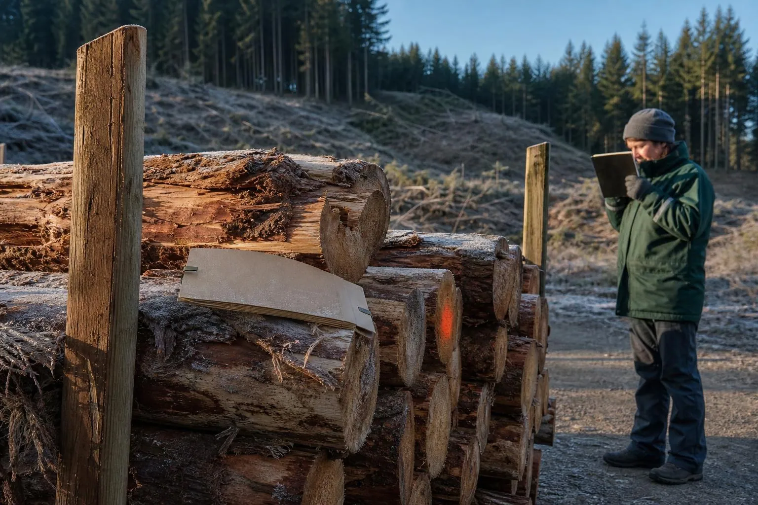 Pile de grumes en bord de route forestière avec une chemise cartonnée posée sur les bois, un matin d’hiver