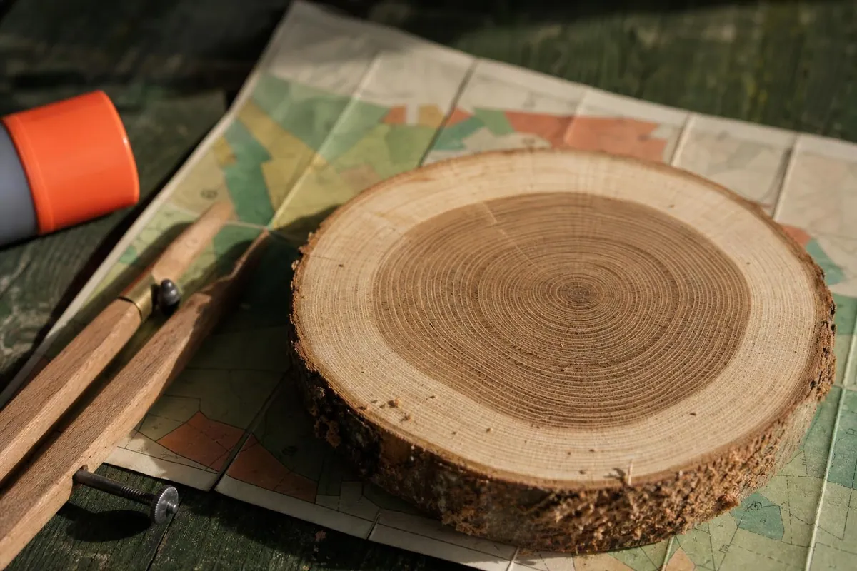 Gros plan sur une rondelle de chêne sciée aux cernes de croissance visibles, posée sur une carte de peuplement pliée, à côté d’un compas forestier en bois