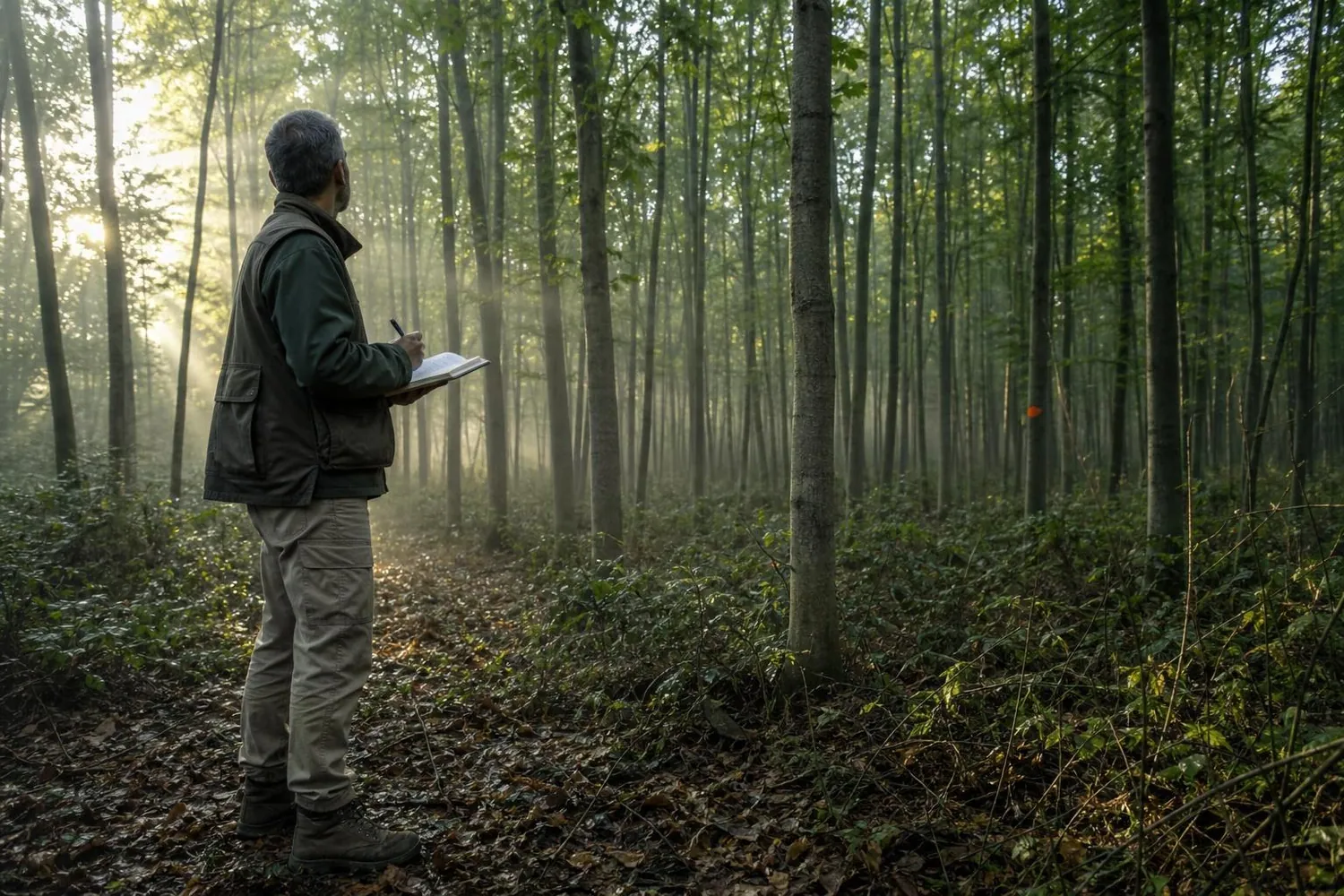 Expert forestier debout en lisière d’un jeune peuplement de chênes serrés, un carnet de terrain ouvert à la main, au petit matin