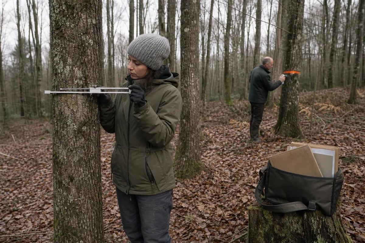 Deux forestiers au travail dans un peuplement, l’un mesurant le diamètre d’un tronc au compas forestier, l’autre marquant une tige à la peinture